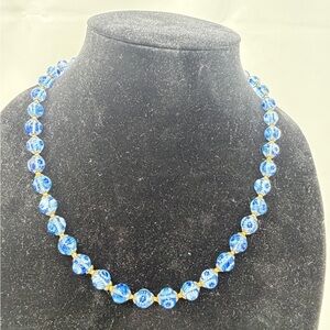 Vintage Millefiori Blue & White Art Glass Bead Necklace Knotted Barrel Clasp 20”